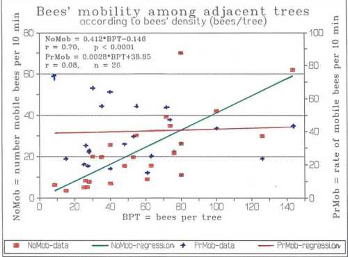 The relationship between European honey bee mobility and bee numbers per tree